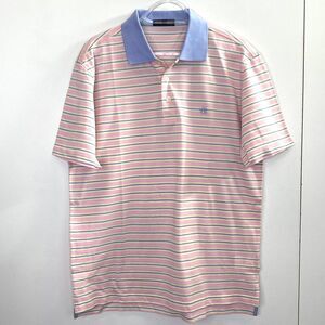 Kent & Curwen Polo Shirt Mens Size Large Pink Blue Striped Short Sleeve Golf